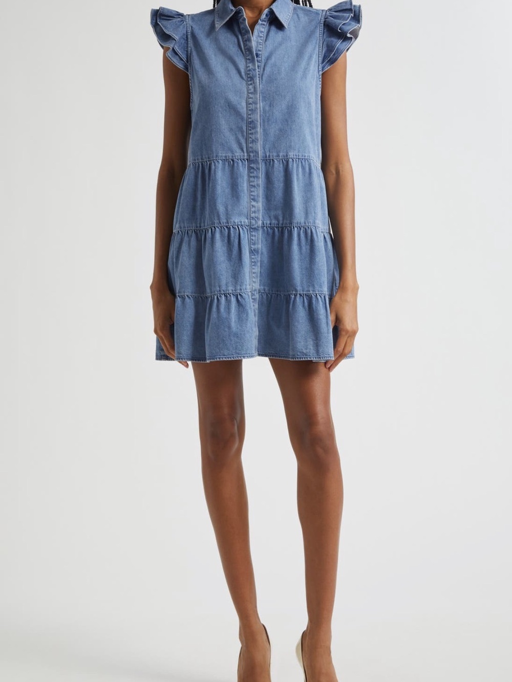 NWT Alice + Olivia Jem Denim Tiered Ruffle-Sleeve Mini Dress
